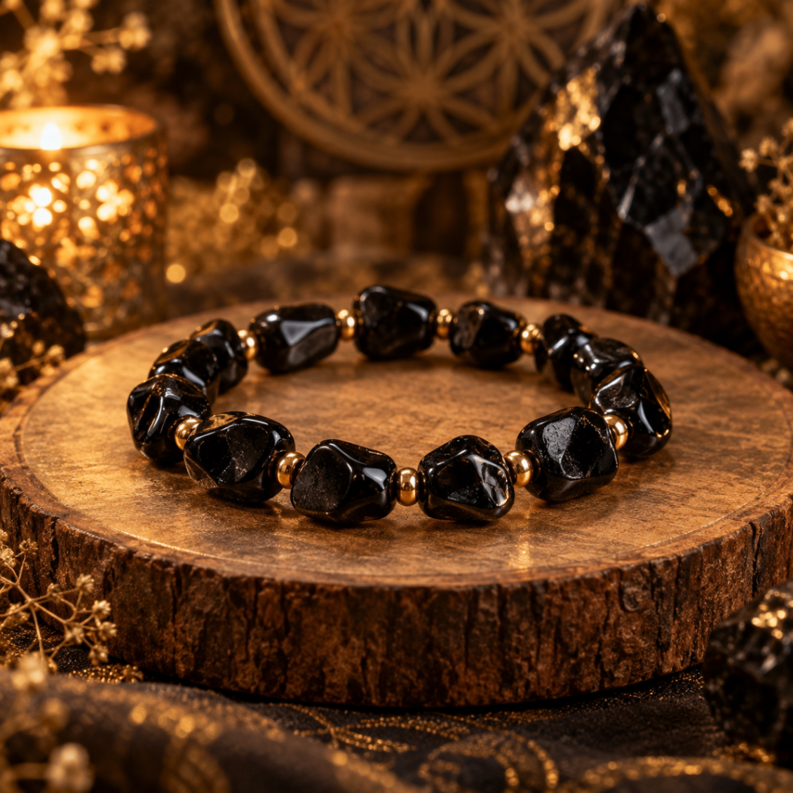 AURAMORA Armband aus glänzendem schwarzem Obsidian mit goldfarbenen Perlen auf einer Holzscheibe