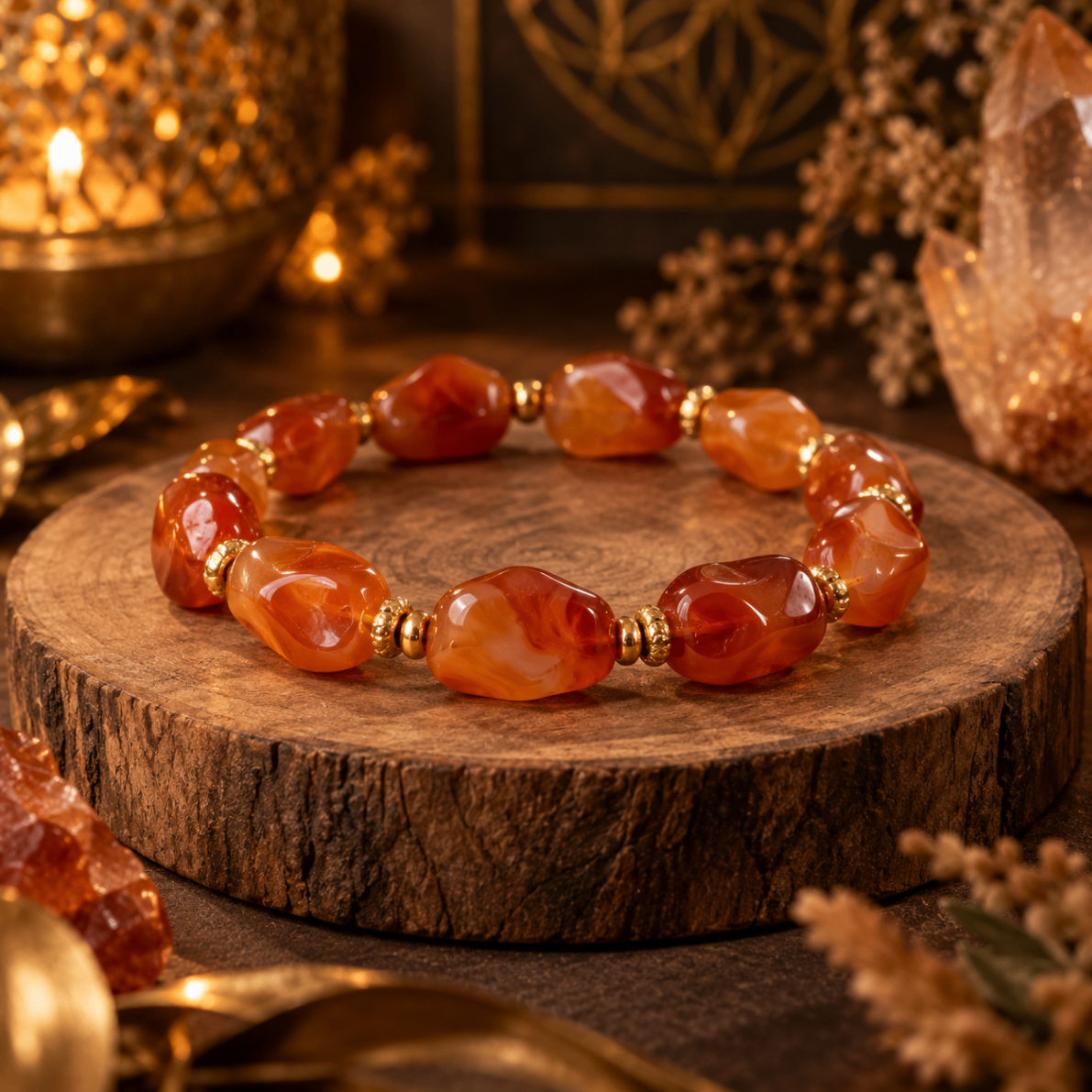 AURAMORA Armband aus orangerotem Karneol mit goldfarbenen Perlen auf einer Holzscheibe