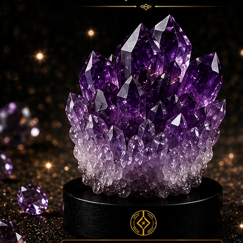 Violette Amethyst-Kristalle auf schwarzem Sockel vor dunklem Grund