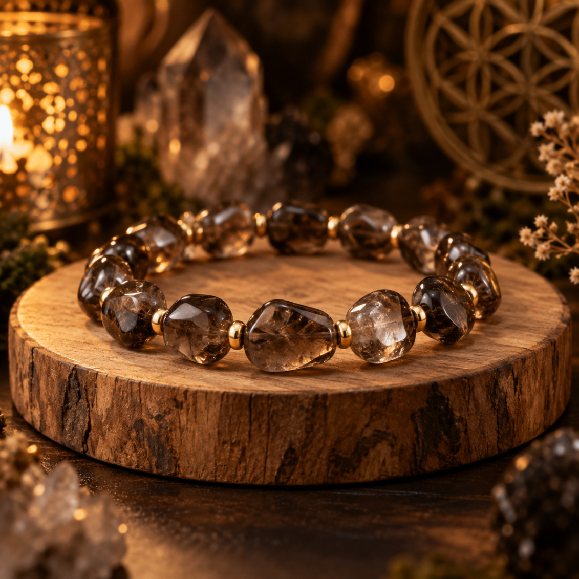 AURAMORA Armband aus rauchbraunem Rauchquarz mit goldfarbenen Perlen auf einer Holzscheibe