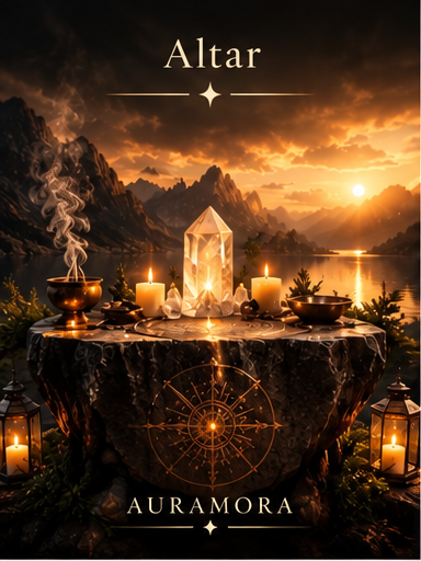 Schwarze AURAMORA Schmuckbox mit goldenem Logo, Talisman und Samtbeutel