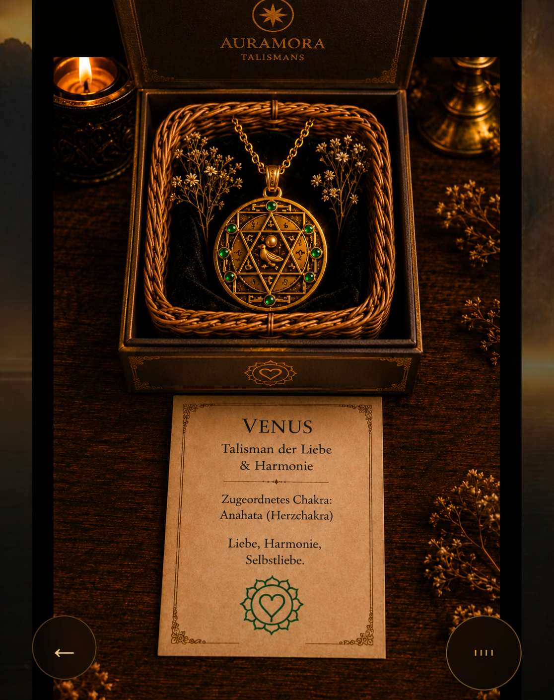 Venus Talisman im handgeflochtenen Körbchen mit schwarzer Einlage und AURAMORA Infokarte