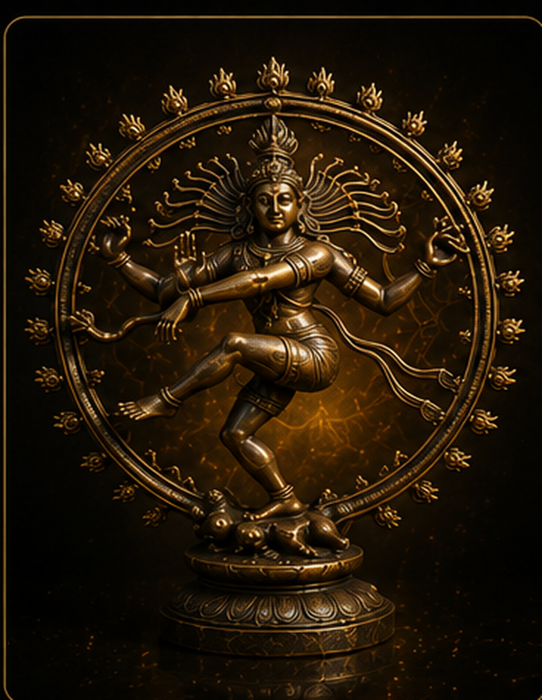 Bronzefarbene Nataraja-Figur – Shiva als kosmischer Tänzer im Flammenkreis vor dunklem Hintergrund