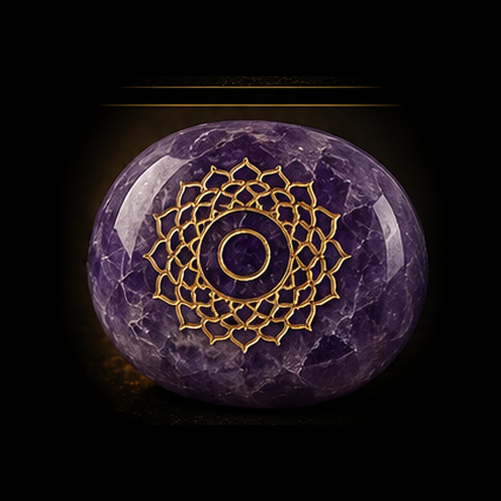 AURAMORA Chakra-Stein Amethyst für das Kronenchakra mit goldenem Sahasrara-Symbol