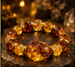 AURAMORA Armband aus honigfarbenem Bernstein mit goldfarbenen Spacern auf dunklem Stein