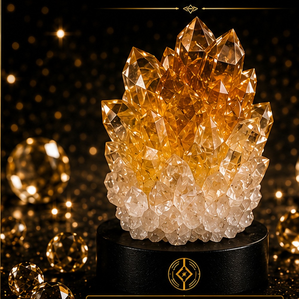 Goldgelbe Citrin-Stufe auf schwarzem Sockel vor dunklem Grund