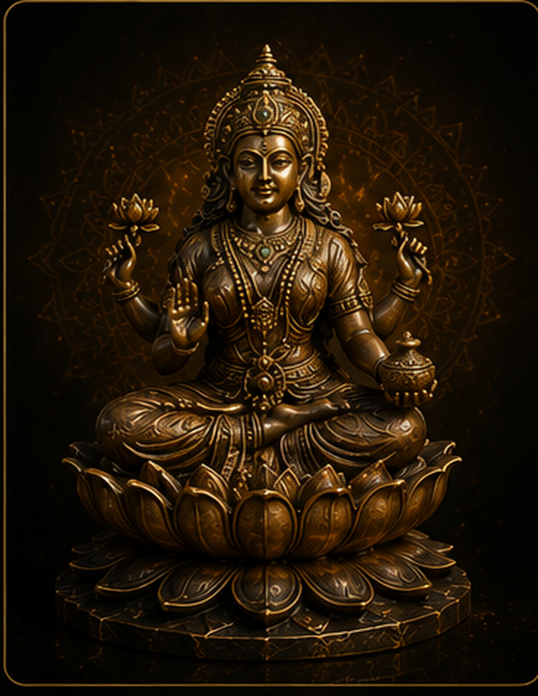 Bronzefarbene Lakshmi-Figur auf einer Lotusblüte mit Lotusblumen in den Händen