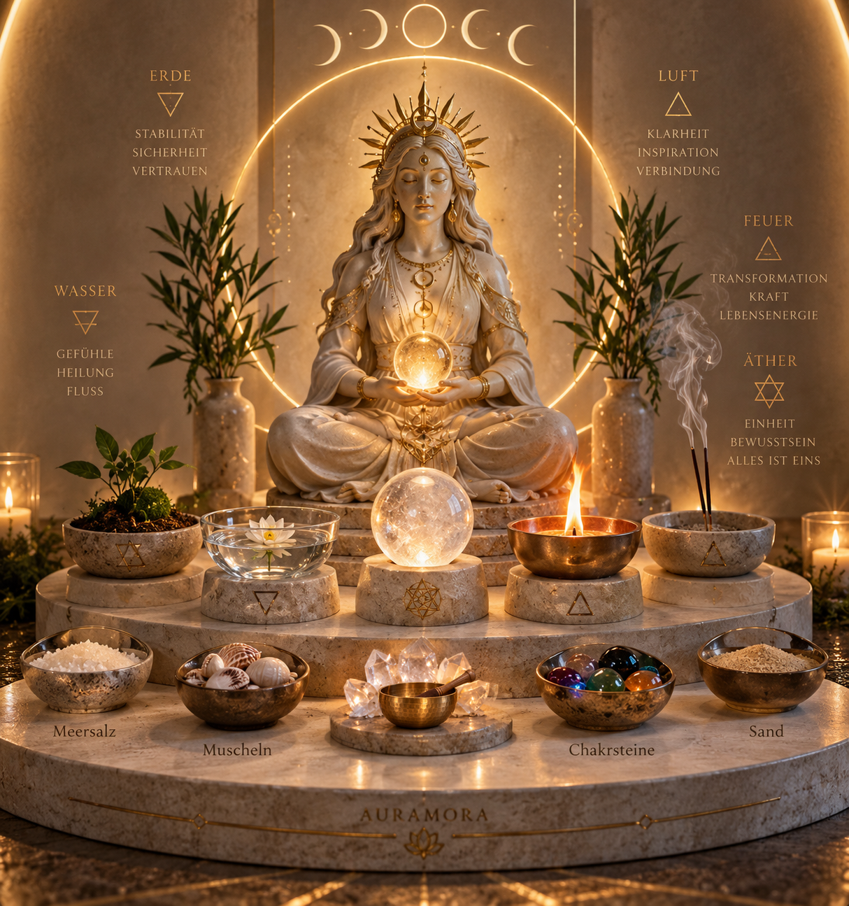AURAMORA-Altar mit göttlicher Statue, den fünf Elementen Erde, Wasser, Feuer, Luft und Äther sowie Meersalz, Muscheln, Sand und Chakrasteinen