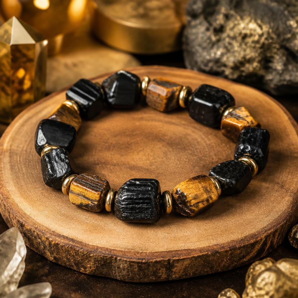 Handgefertigtes AURAMORA Natursteinarmband aus schwarzem Turmalin und goldbraunem Tigerauge mit goldfarbenen Spacern auf einer Holzscheibe