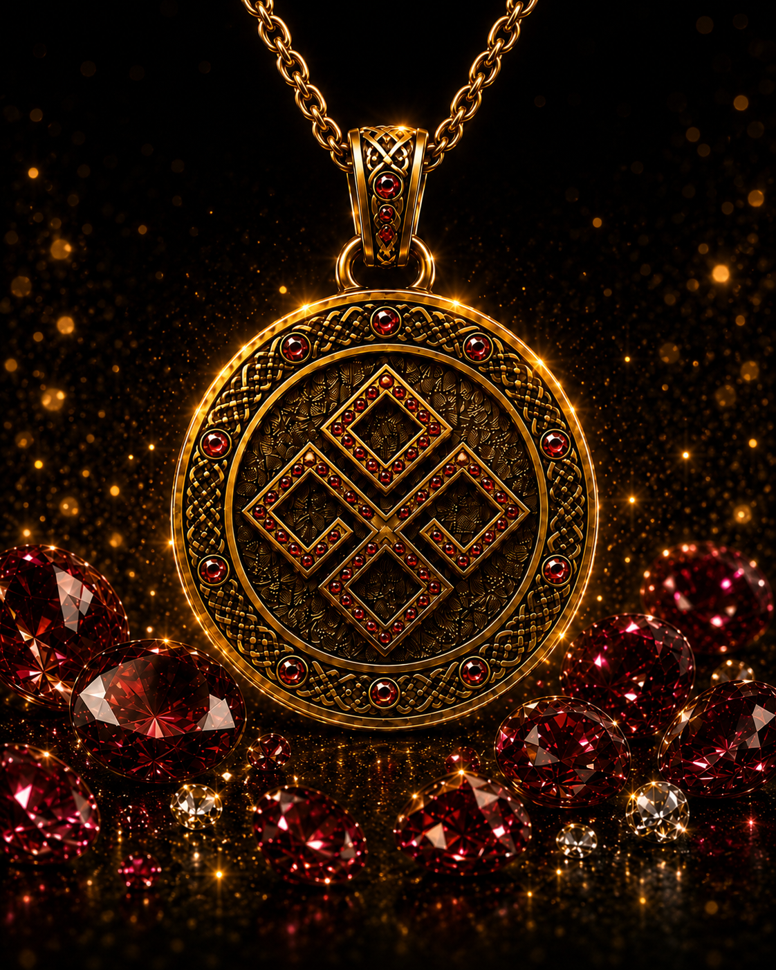 AURAMORA Dazhbog Talisman mit Sonnenradsymbol und roten Farbdiamanten