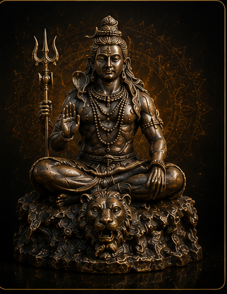 Bronzefarbene meditierende Shiva-Figur mit Dreizack in ruhiger Sitzhaltung