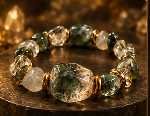 AURAMORA Armband aus grünem Phantomquarz mit goldfarbenen Spacern auf dunklem Stein