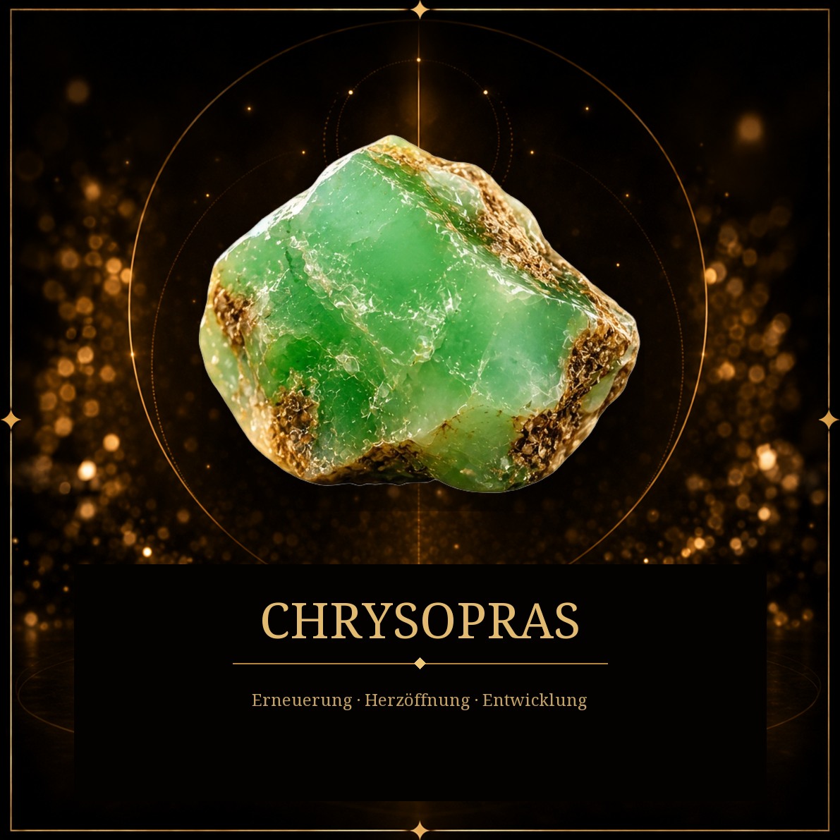 Grüner Chrysopras vor dunklem Grund mit goldenen Reflexen