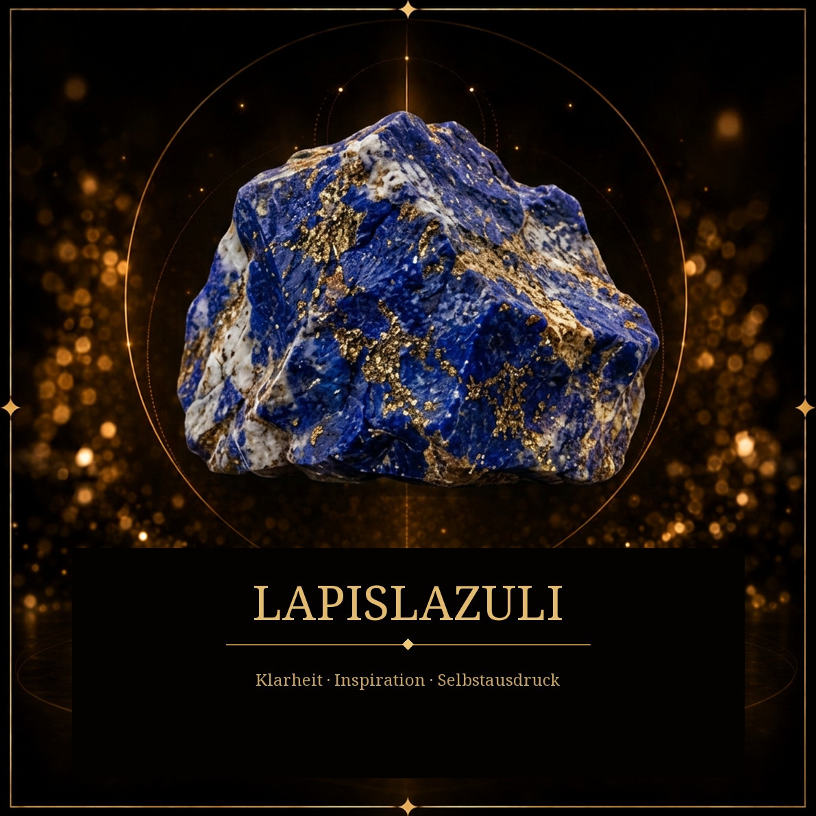 Naturbelassener tiefblauer Lapislazuli mit goldenen und hellen Einschlüssen vor dunklem Grund