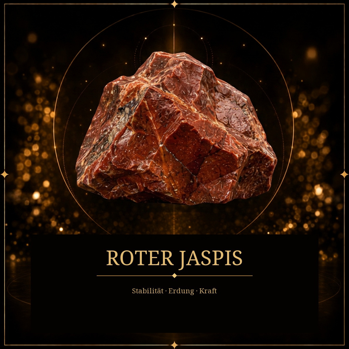 Naturbelassener roter Jaspis mit markanten Bruchkanten vor dunklem Grund mit goldenem Licht